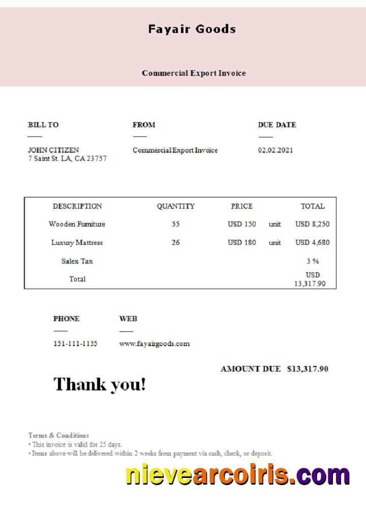 USA Fayair Goods invoice